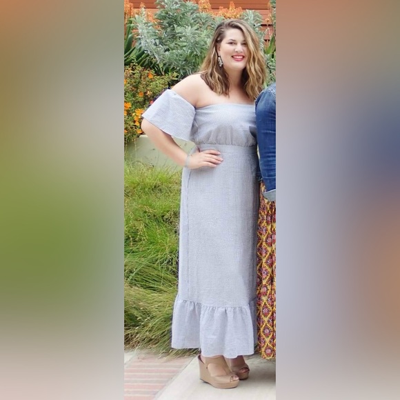 ASOS Maxi Pinstripe Off Shoulder Dress With Bow Detail - Picture 3 of 7